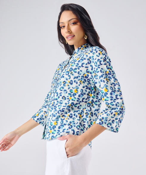 Mandarine Collar Blue Printed Roll Up Sleeve Top