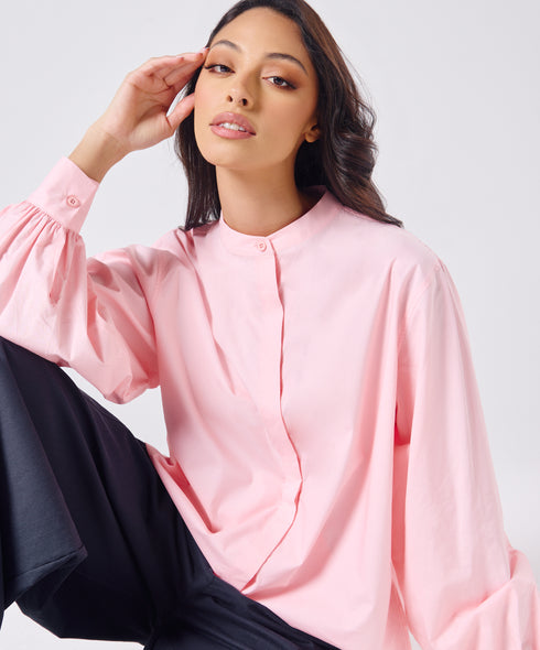 Mandarin Collar Cotton Oversized Shirt- Baby Pink