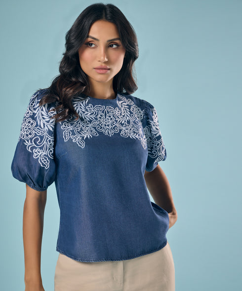 Embroidery And Cut Work Dark Blue Top