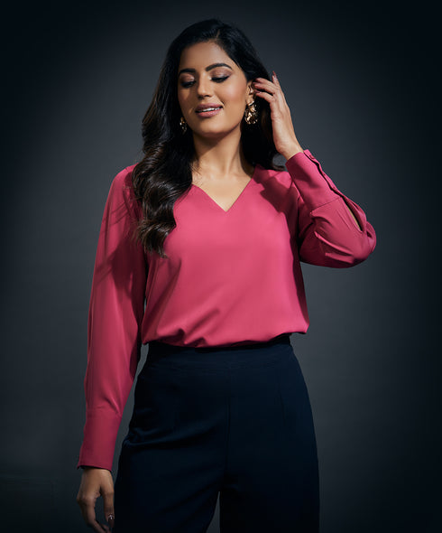 Cuff Scalloped Chiffon  Top-Pink