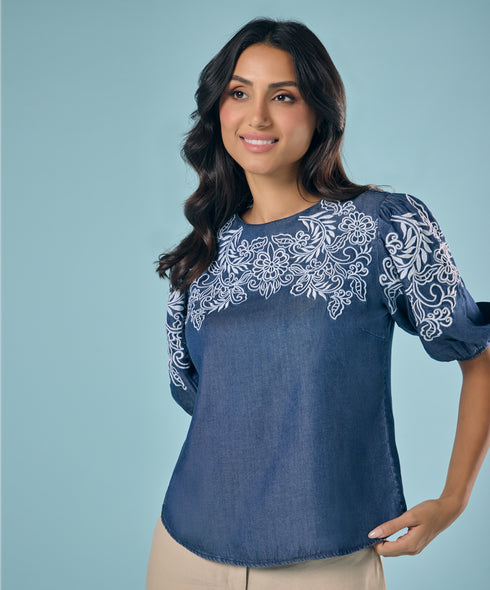 Embroidery And Cut Work Dark Blue Top