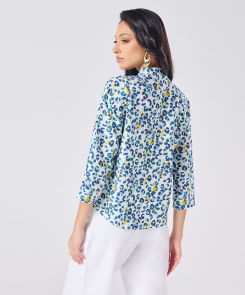 Mandarine Collar Blue Printed Roll Up Sleeve Top