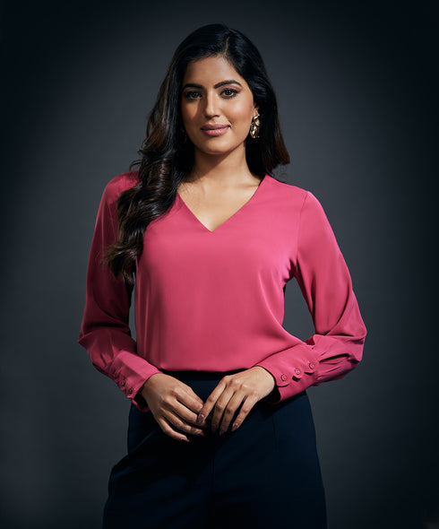 Cuff Scalloped Chiffon  Top-Pink