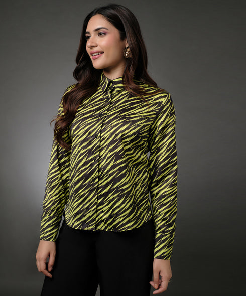 Lapel Long Sleeve Printed Top With A Cuff