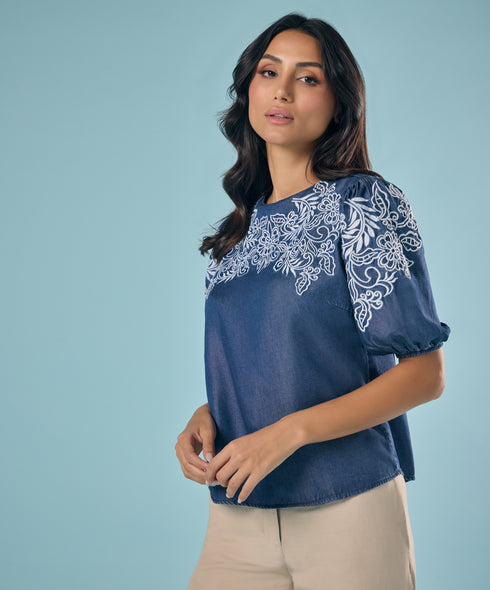 Embroidery And Cut Work Dark Blue Top