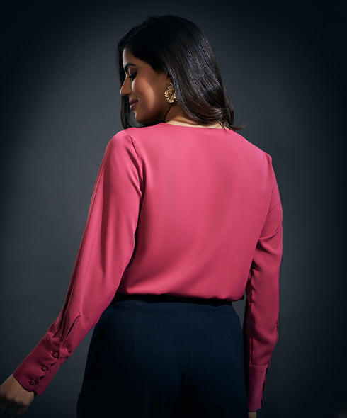 Cuff Scalloped Chiffon  Top-Pink