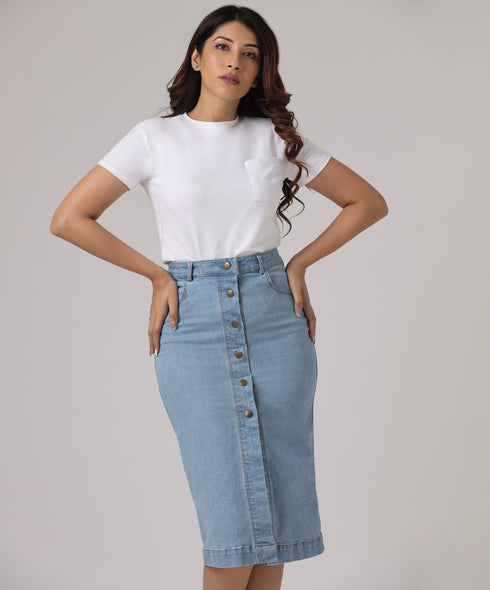 Front Buttoned Midi Length Denim Skirt