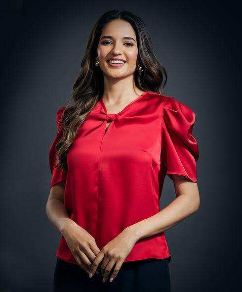 Front Bow Attached Pink Satin Top-Red