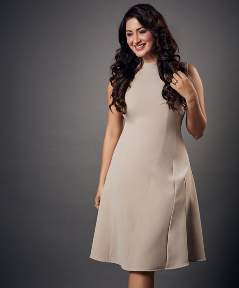 Slanted Panel Skater Beige Dress