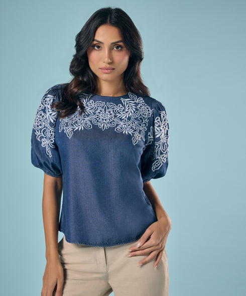 Embroidery And Cut Work Dark Blue Top