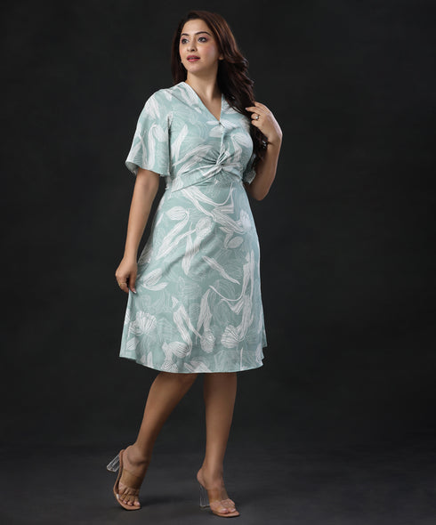 Vneck Twisted Waist Olive Printed Dress