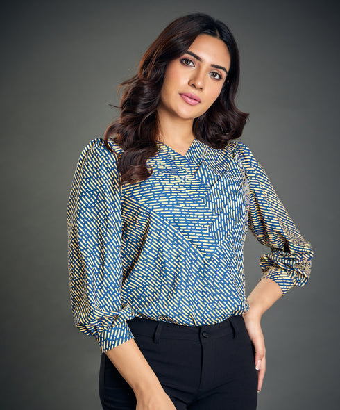 Navy Yellow Printed Side Pleated Top