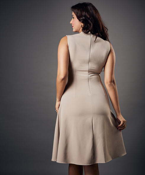 Slanted Panel Skater Beige Dress