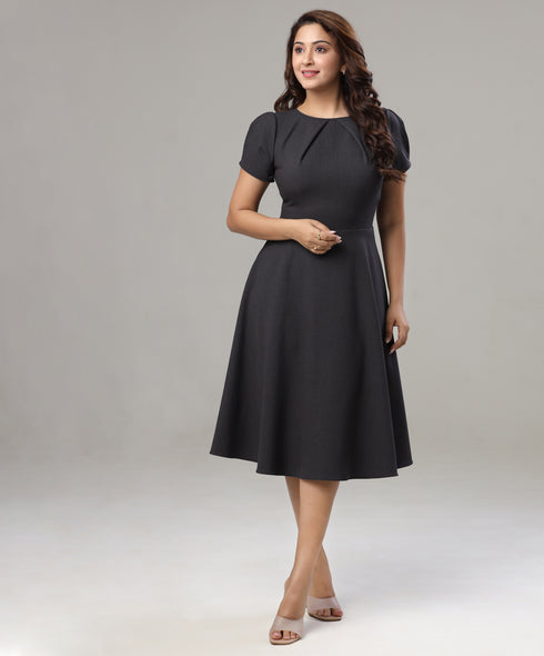 Front Neck Pleated Skater Grey Dress