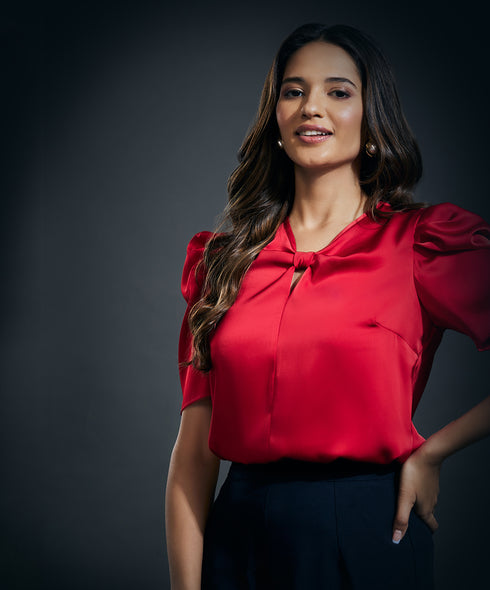 Front Bow Attached Pink Satin Top-Red