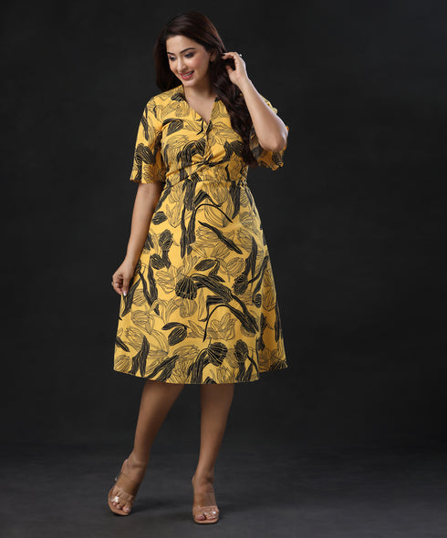 Vneck Twisted Waist Yellow Printed Dress