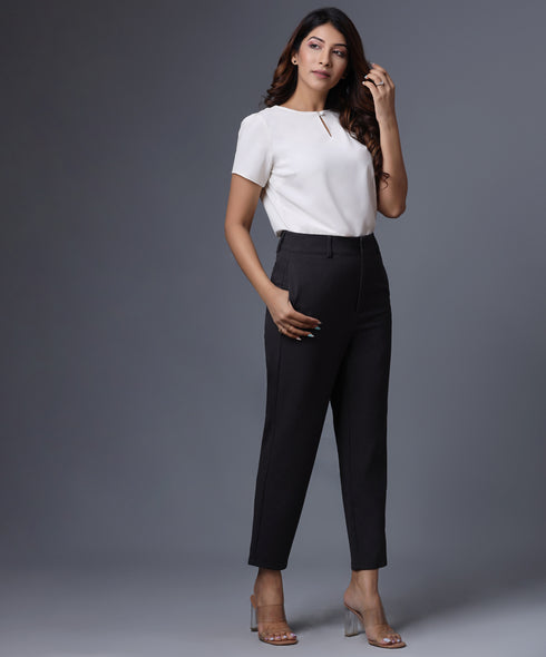 Solid High Waist Belted Grey Trousers