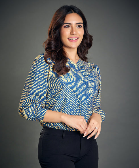 Navy Yellow Printed Side Pleated Top