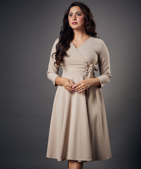 Side Looped Skater Beige Dress