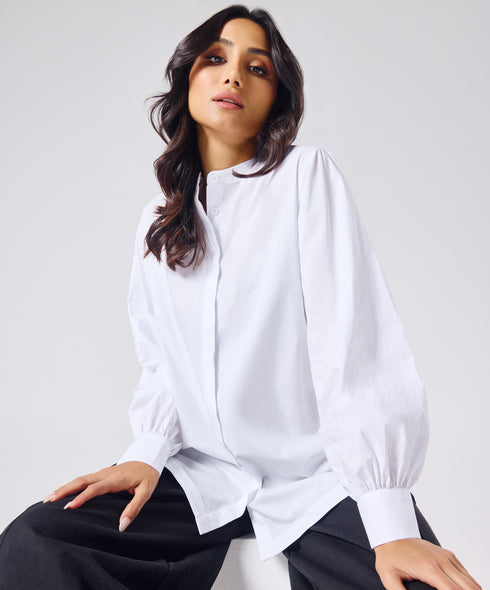 Mandarin  Collar Cotton Oversized Shirt- Pure White