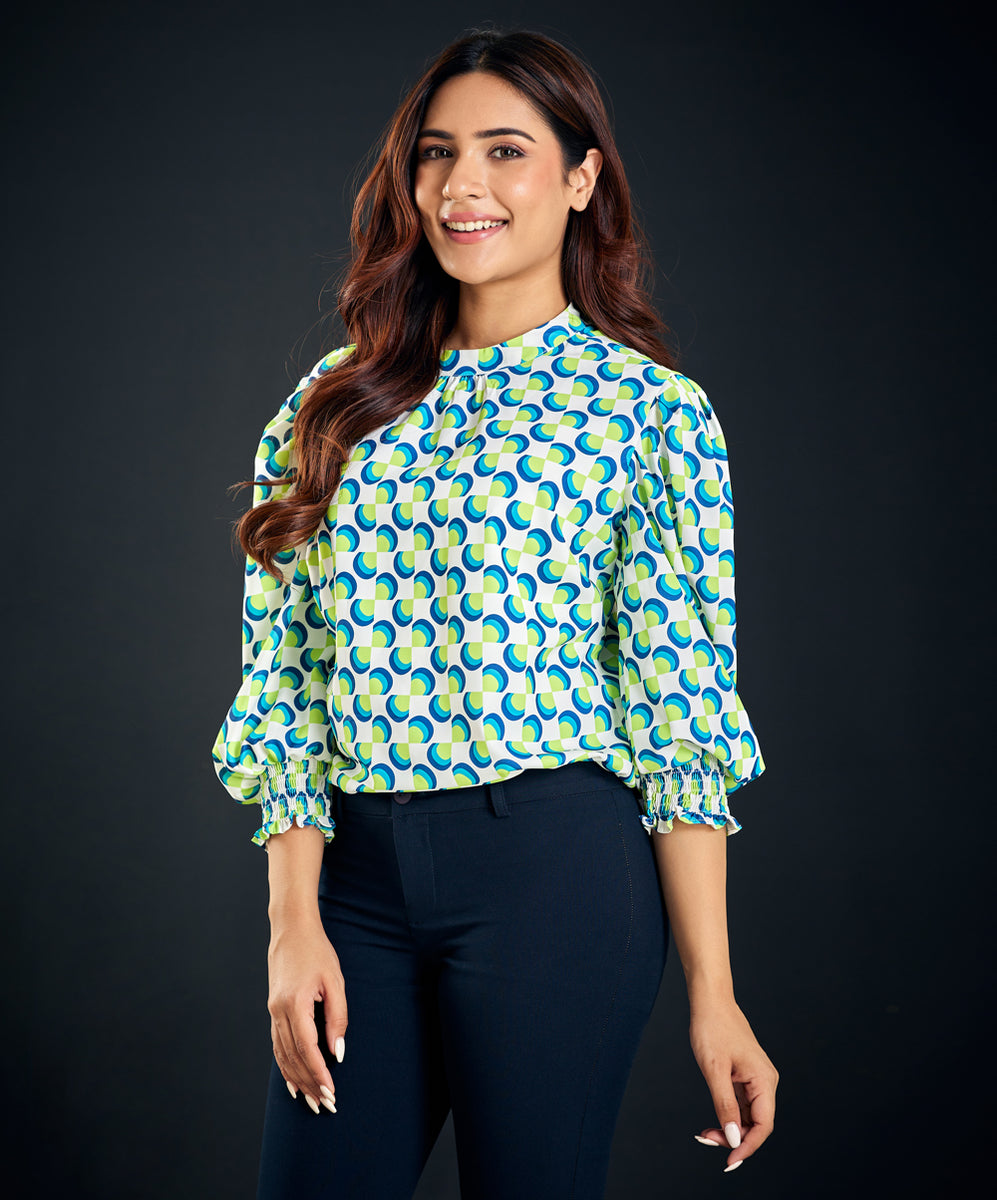 Lantern Sleeve Printed Blouse Zigzag