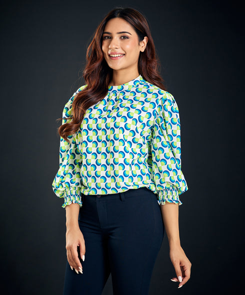 Lantern Sleeve Printed Blouse