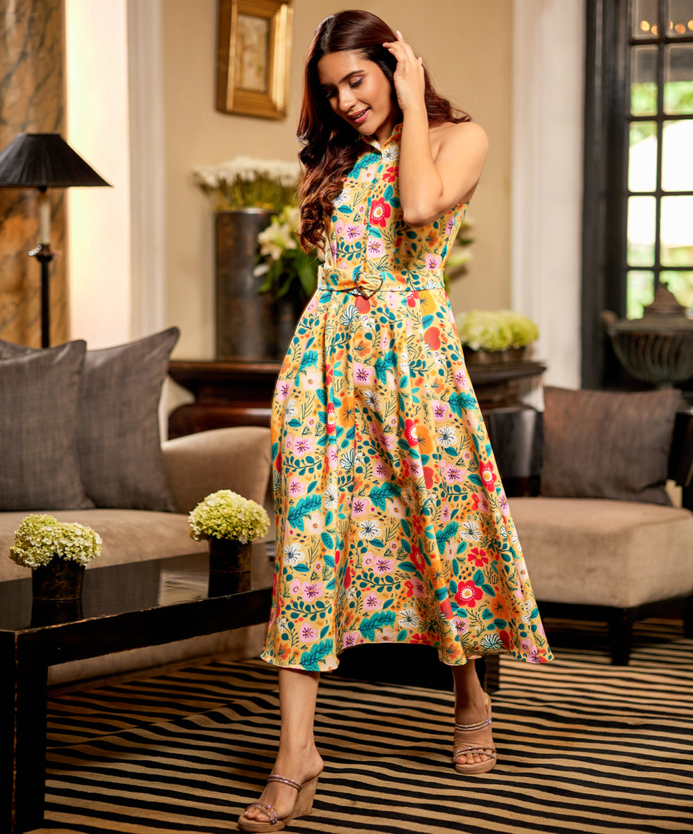 Elegant Halter Neck Bodycon Dress With Flower Grape main image 1