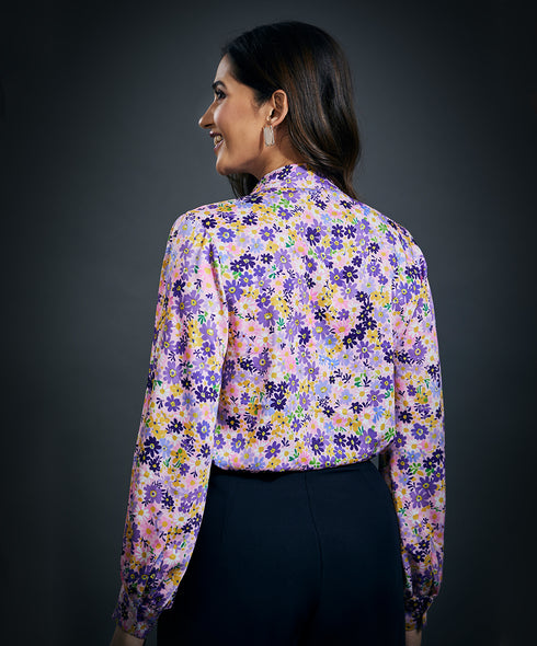 Neck Tie Long Sleeve Pink Satin Top