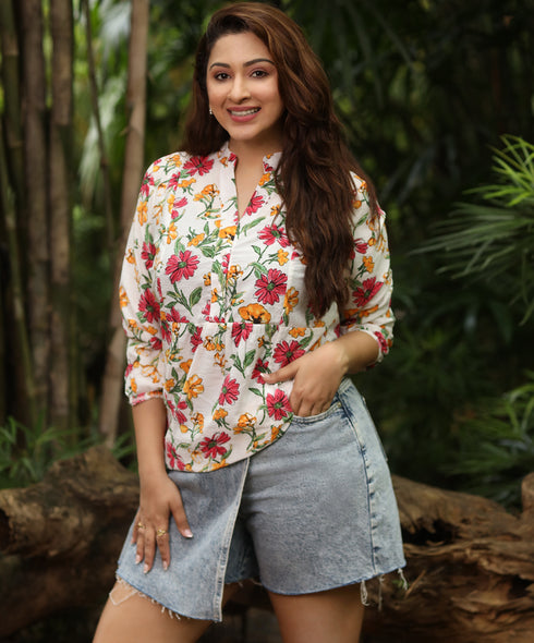 Balloon Sleeve Cotton Printed Kurtha Top