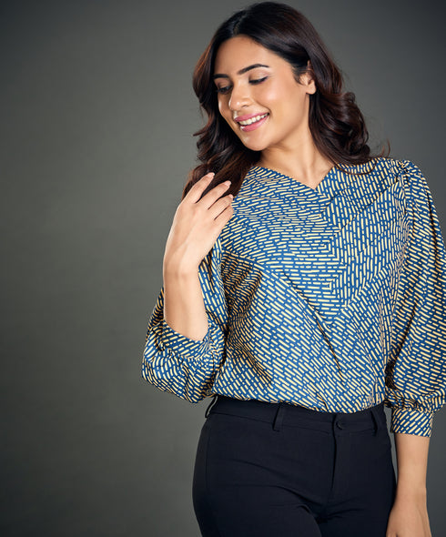 Navy Yellow Printed Side Pleated Top