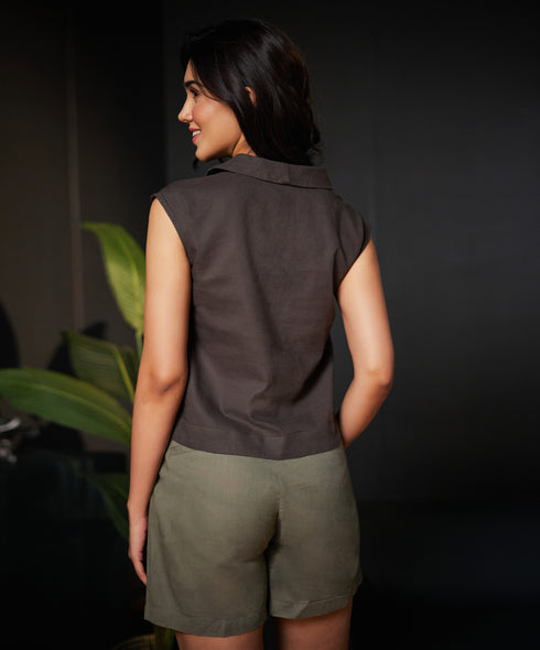 Lapel Vneck Linen Olive Top