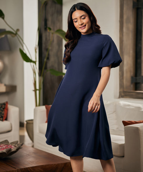 Balloon Sleeve High Neck Blue Dress