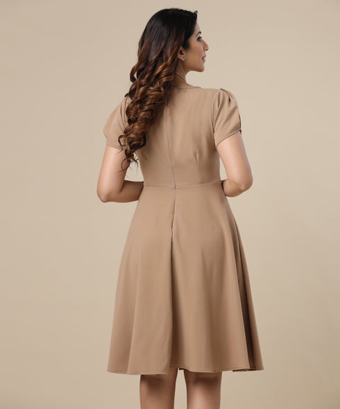 Front Neck Pleated Skater Beige Dress