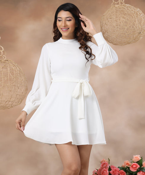 High Neck Belted Skater White Dress