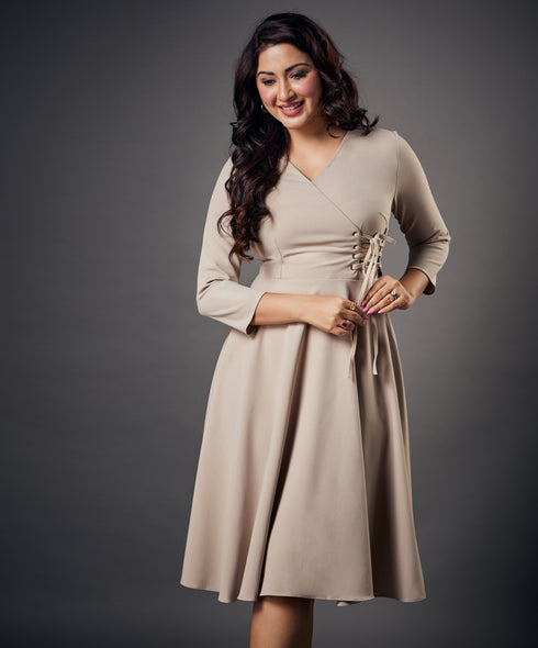 Side Looped Skater Beige Dress