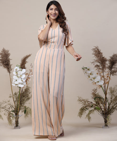 Stripe Printed Sleeve Flared Jump Suit