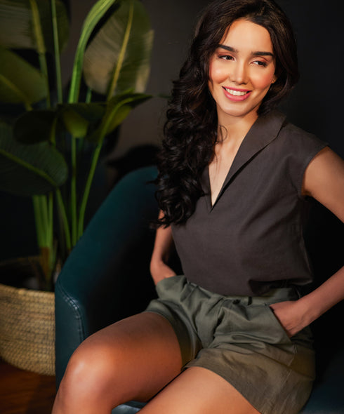 Lapel Vneck Linen Olive Top