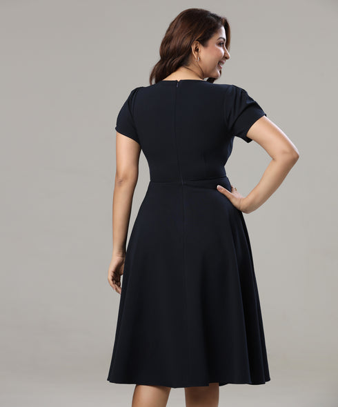 Front Neck Pleated Skater Navy Dress