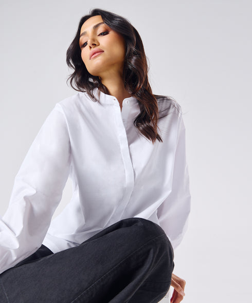 Mandarin  Collar Cotton Oversized Shirt- Pure White