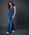 Halter Neck Front Open Denim Jumpsuit
