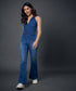 Halter Neck Front Open Denim Jumpsuit