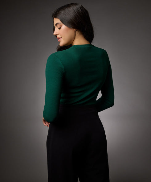 Long Sleeve Round Neck Rib Top- Dark Green