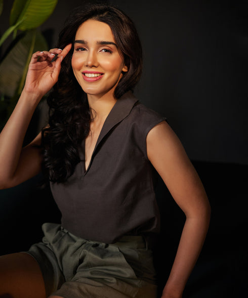 Lapel Vneck Linen Olive Top