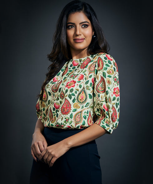 Half Sleeve Printed Chiffon Round Neck Top