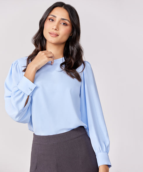 Satin Long Blue Sleeve Top
