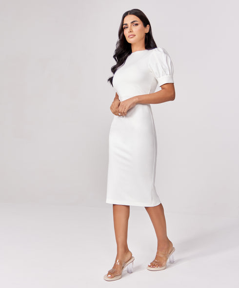 Sleeve Detailed White Bodycon Dress