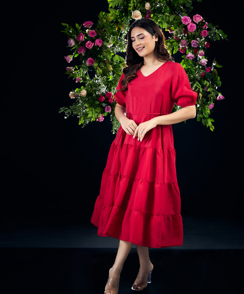 Vneck Puff Sleeve Loose Fitted Dress