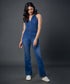 Halter Neck Front Open Denim Jumpsuit