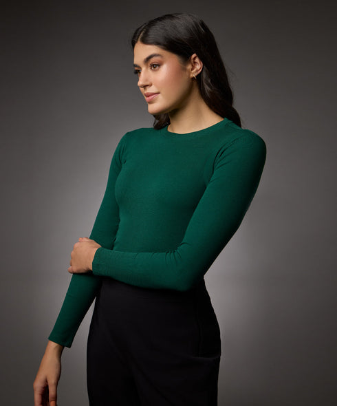 Long Sleeve Round Neck Rib Top- Dark Green