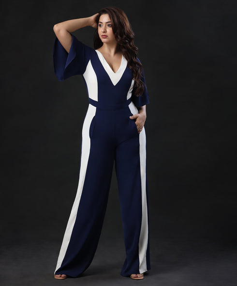 Two Tone Vneck Blue Jump Suit
